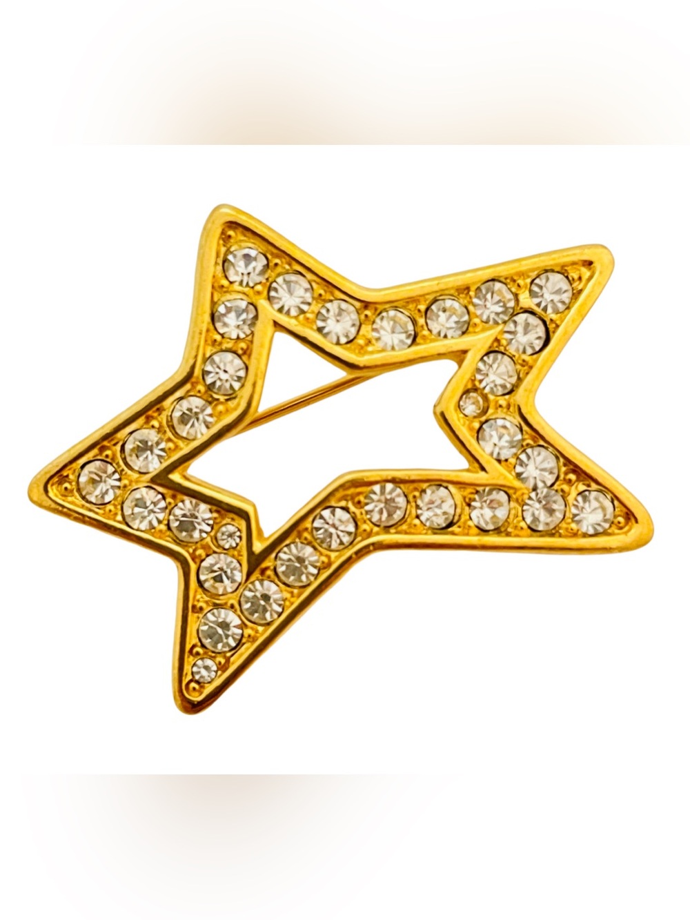 Vintage Napier Signed Gold Tone Rhinestone Open Star Runway Brooch.